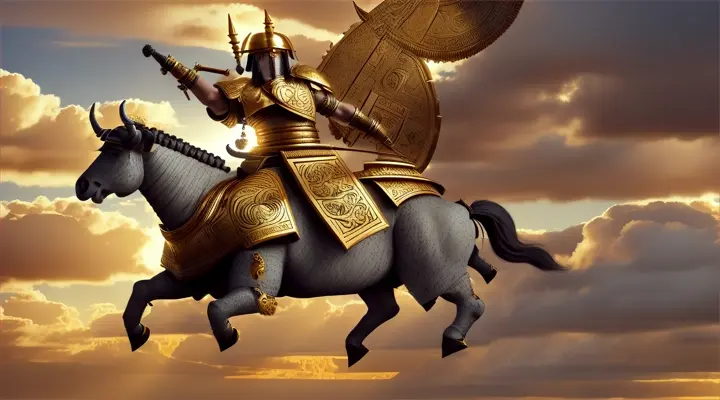 Teshub
Depict Teshub, the Hittite storm god, as he rides his mighty chariot across the sky. His chariot is drawn by two majestic bulls with golden horns, charging through a cloud-filled sky. Teshub himself is armored in traditional Hittite warrior gear, including a conical helmet with intricate engravings. He wields a double-headed axe, symbolizing thunder, with lightning bolts emanating from it, casting a bright, fearsome glow. The background features a turbulent sky with rolling thunderclouds and occasional clear patches revealing the celestial sphere.