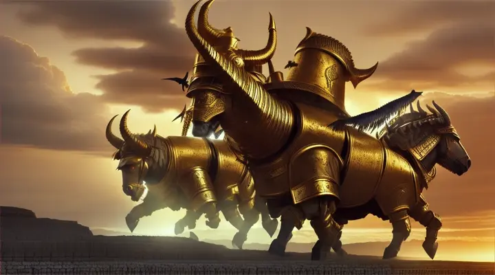 Teshub
Depict Teshub, the Hittite storm god, as he rides his mighty chariot across the sky. His chariot is drawn by two majestic bulls with golden horns, charging through a cloud-filled sky. Teshub himself is armored in traditional Hittite warrior gear, including a conical helmet with intricate engravings. He wields a double-headed axe, symbolizing thunder, with lightning bolts emanating from it, casting a bright, fearsome glow. The background features a turbulent sky with rolling thunderclouds and occasional clear patches revealing the celestial sphere.