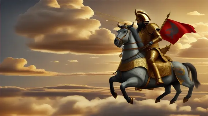Teshub
Depict Teshub, the Hittite storm god, as he rides his mighty chariot across the sky. His chariot is drawn by two majestic bulls with golden horns, charging through a cloud-filled sky. Teshub himself is armored in traditional Hittite warrior gear, including a conical helmet with intricate engravings. He wields a double-headed axe, symbolizing thunder, with lightning bolts emanating from it, casting a bright, fearsome glow. The background features a turbulent sky with rolling thunderclouds and occasional clear patches revealing the celestial sphere.