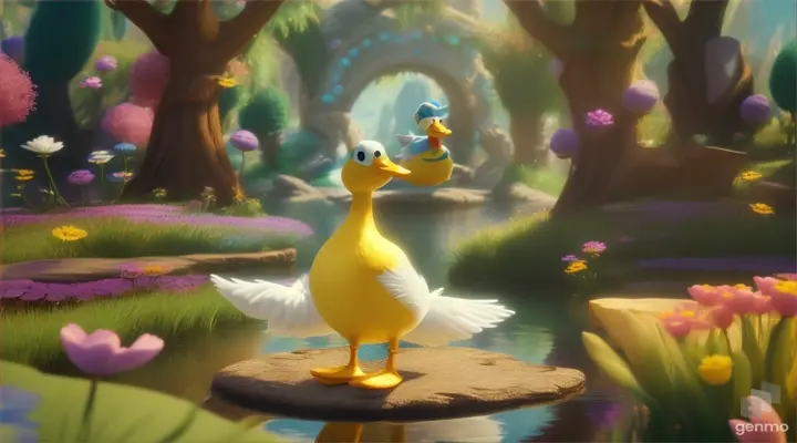 /imagine prompt: 3D animation, personality: [Illustrate Uplifting Cartoon characters engaging in fun activities the duck carrying out her plan, perhaps interacting with other animals or gathering materials. It should feel otherworldly and magical.] unreal engine, hyper real --q 2 --v 5.2 --ar 16:9