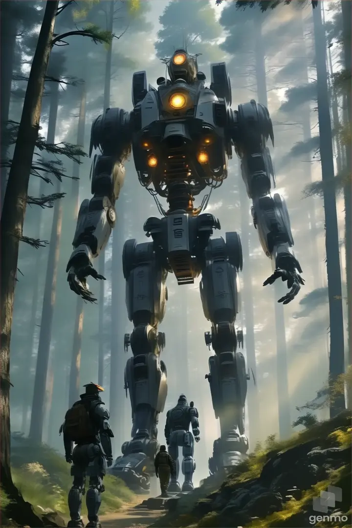 a giant robot standing in the middle of a forest