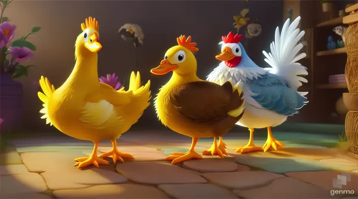 /imagine prompt: 3D animation, personality: [Illustrate Uplifting Cartoon characters engaging in fun activities the duckling growing up under the care of the hen and the rooster, symbolizing the fulfillment of the duck's final wish. It should feel otherworldly and magical.] unreal engine, hyper real --q 2 --v 5.2 --ar 16:9