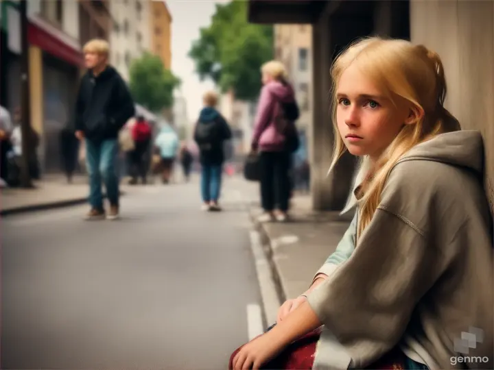 a young blond male beggar in rags, sitting flat on the sidewalk, looks up at a young woman