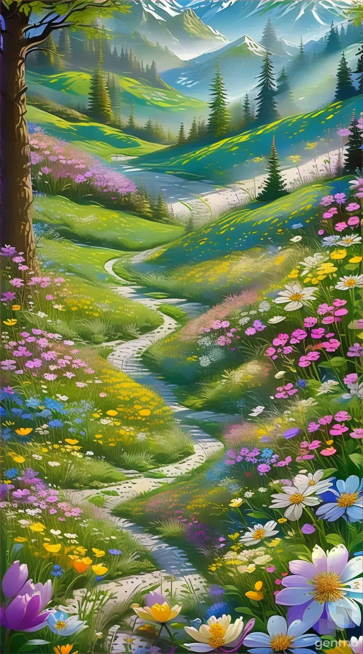 a painting of a field of flowers with a mountain in the background