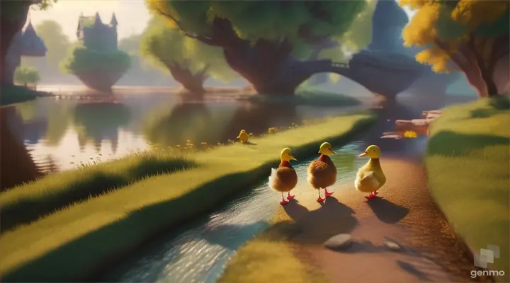 /imagine prompt: 3D animation, personality: [Illustrate Uplifting Cartoon characters engaging in fun activities the hen's idea of going for a walk by the riverbank, with the duckling's fate looming in the background. It should feel otherworldly and magical.] unreal engine, hyper real --q 2 --v 5.2 --ar 16:9