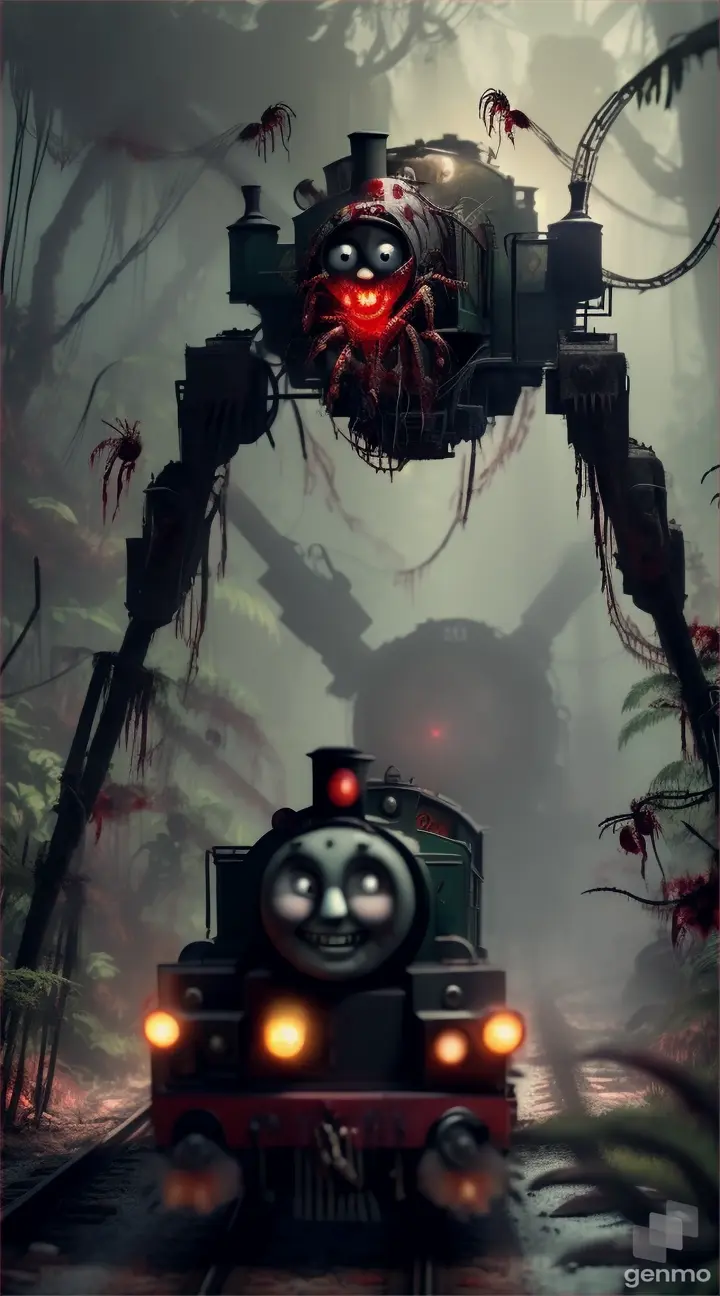 A zombie Thomas the train creepy look running through a vast jungle with exotic insects and a giant spider on its back, red liquid dripping from the mouth all over it 