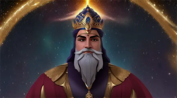 Anu

Create an image representing Anu, depicted in the context of Mesopotamian rather than Hittite mythology. Anu, the god of the sky, is seated on a grand throne atop the highest heavens, with a backdrop of a star-filled night sky. He is an elder god, with a long, flowing beard and robes that shimmer with cosmic energy. Around him float various celestial symbols, such as planets and stars, to emphasize his dominion over the cosmos. His expression is serene and commanding, holding a scepter that radiates divine light, symbolizing his authority as the king of gods.
