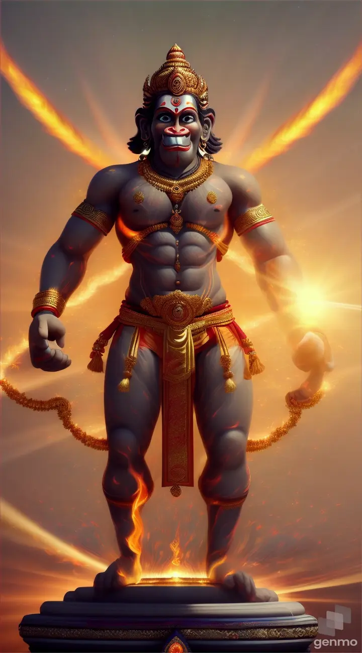 Let's conjure an 8K image of the mighty Hanuman, his powerful form radiating strength. In his right hand, the sun itself blazes, captured with incredible detail – flames licking at his fingers, solar flares erupting!  This is Hanuman like you've never seen him before! 