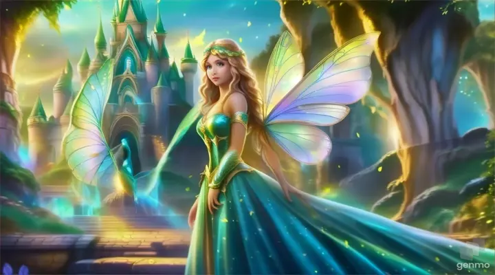 a beautiful fairy with large green eyes standing in front of a  opal gem castle