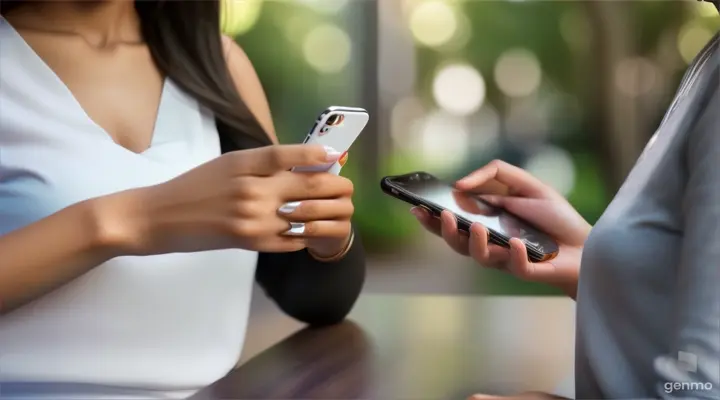 White-skinned female hand holding a cell phone and a dark-skinned female hand on the side, realistic