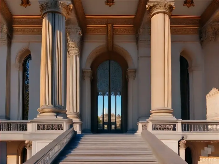 a prestigious museum exterior, with a grand entrance and columns.