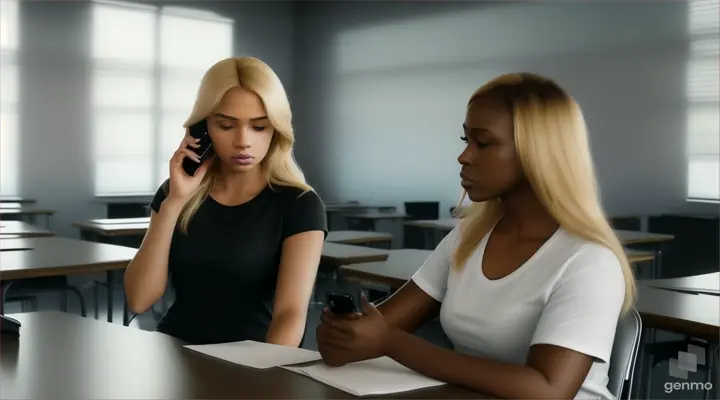 A blonde woman wearing a white t-shirt stealing the cell phone of a black woman wearing a gray t-shirt, inside an empty classroom, realistic