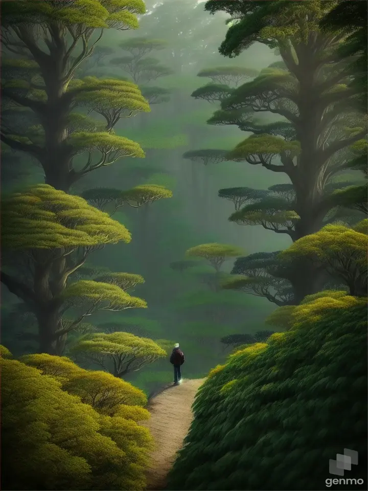 8k uhd a man is looking over the tree lines and forests, in the style of yuko shimizu, detailed foliage, green, emily kame kngwarreye, mark catesby, trompe illusionistic detail, spiky mounds --ar 3:4 --s 750 --v 5.1 --style raw