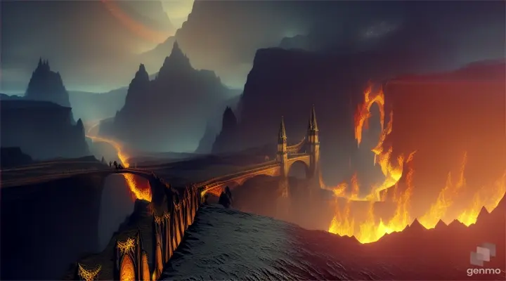 Scene: A narrow bridge stretching over a dark chasm filled with flames. The bridge is as thin as a hair and sharp as a sword's edge. People are given varying degrees of light to cross, depending on their deeds. Some cross swiftly, while others struggle and fall into the chasm below. Prophets are at the edge, praying for those crossing.