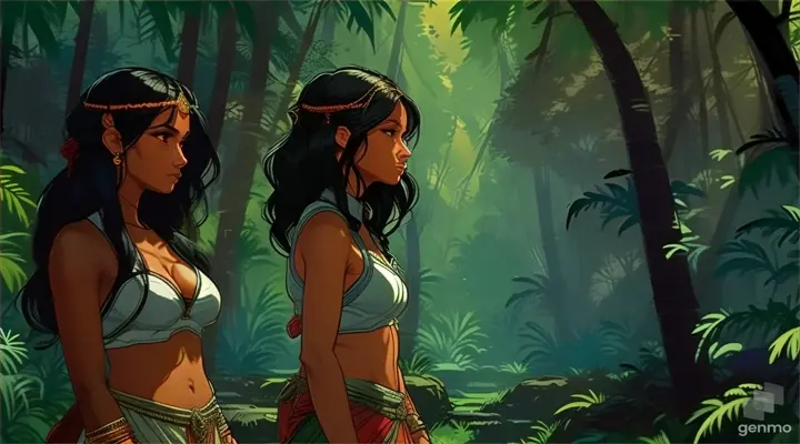 a couple of women standing next to each other in a forest