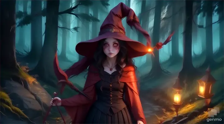 a horrible witch with red glowing eyes  dressed as a wizard holding a wand