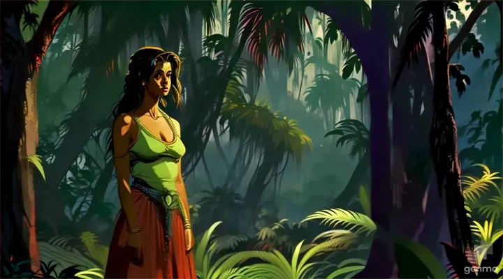 a woman standing in the middle of a jungle