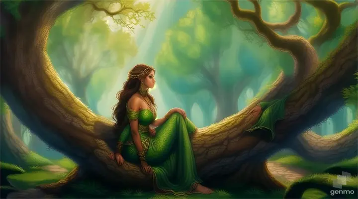 a painting of a woman sitting on a tree in a forest