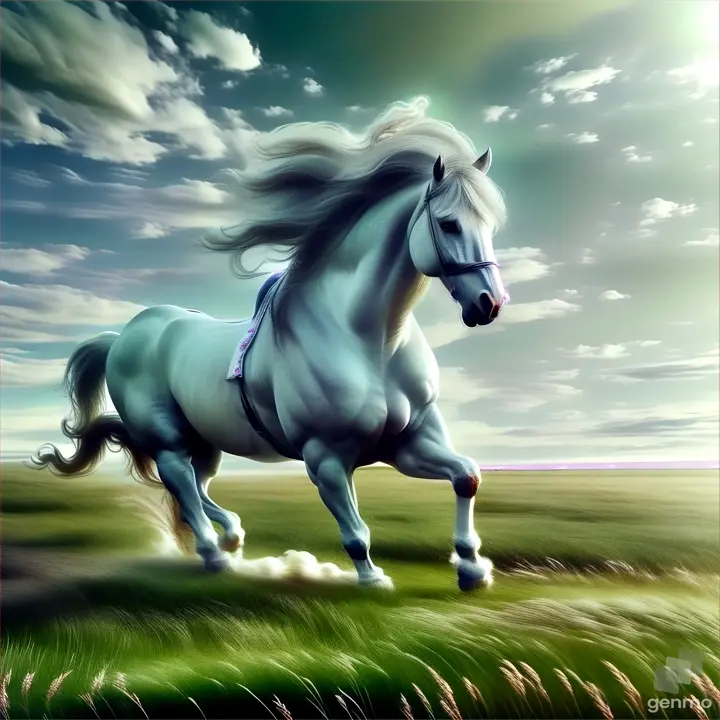 a white horse running through a grassy field