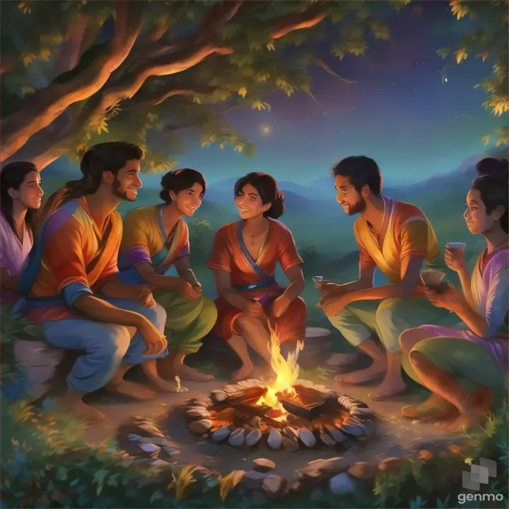 a painting of a group of people sitting around a campfire