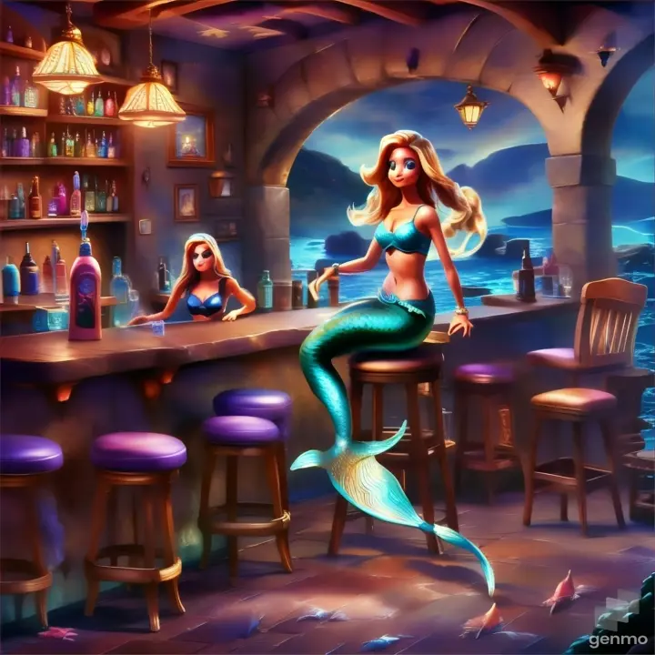 A mermaid perched on the barstool of a mystical dive bar, surrounded by intriguing patrons in dark, watery hues