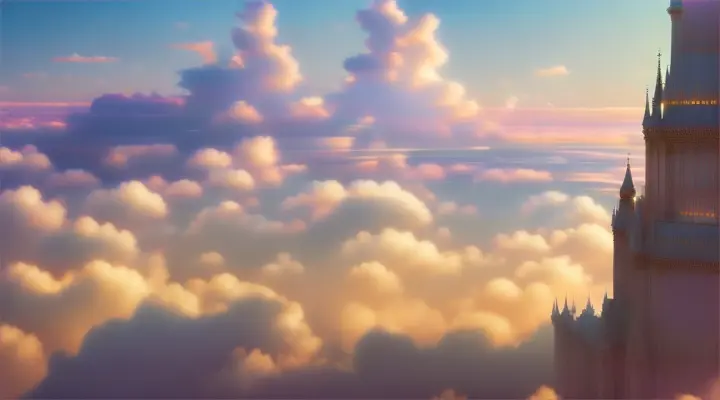 A fantasy cityscape floating on clouds with a soft color palette, in space