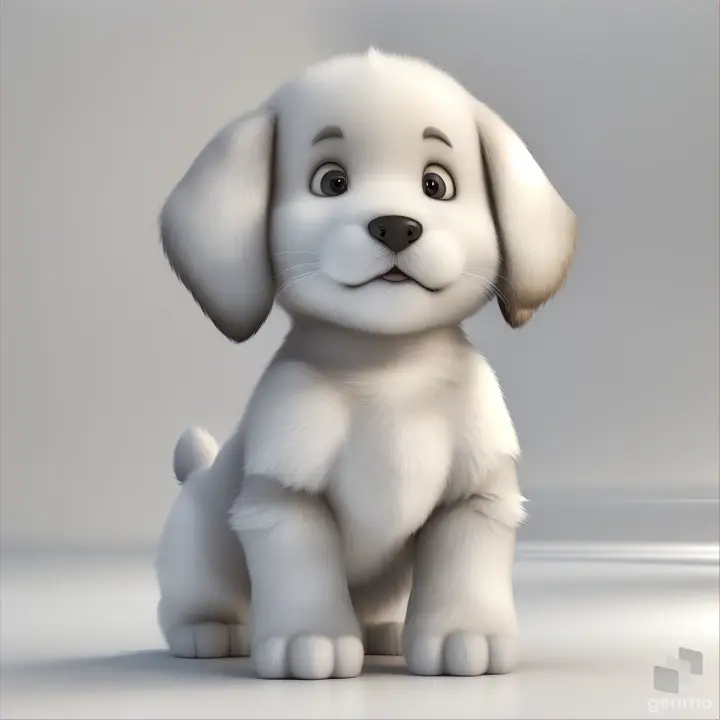 3D render of a baby dog character in minimalist style, with clean lines, simple monochromatic design, posing cheerfully with sleek lines and soft shadows