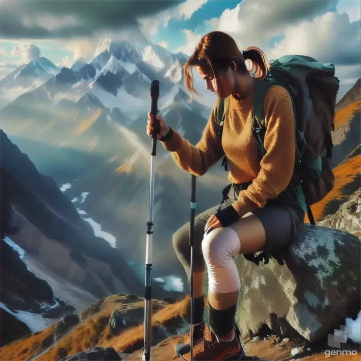 a woman sitting on top of a mountain holding a hiking pole