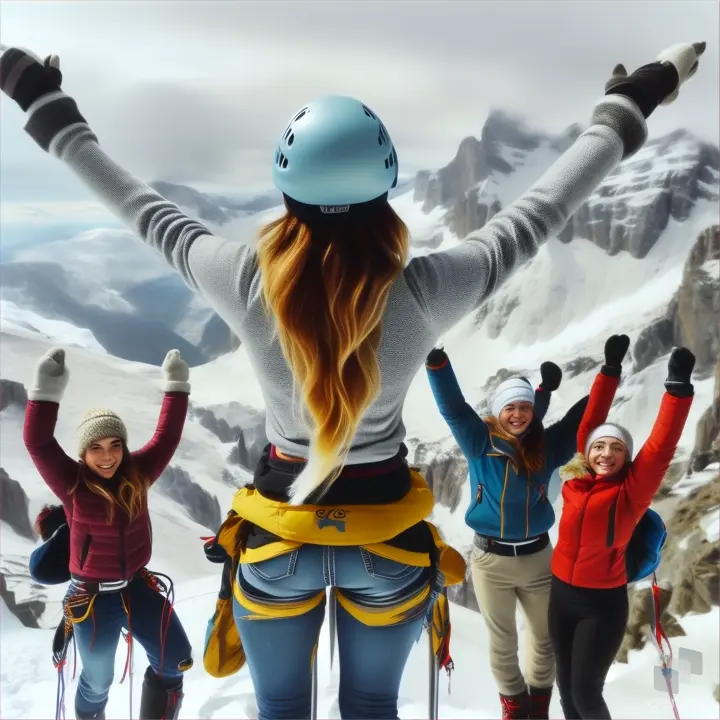 a group of people standing on top of a snow covered mountain