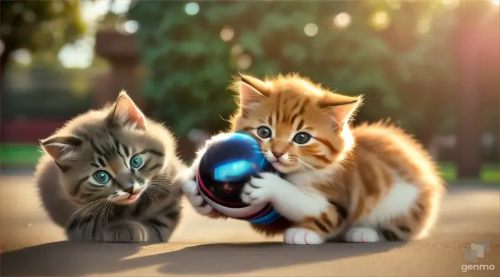 Kittens play with a huge ball