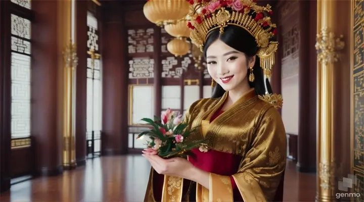 The image shows a character with a blurred face. Surrounded by the environment of the Chinese Dynasty Hall, the character is a beautiful female neck, sleeve, makeover, kimono, fashion design, beauty, jewellery, event, shimada, tradition dressed in a costume and headdressemperor, smiling happily. The head of the person in the picture was covered. There is a crown-like ornament on the head that looks luxuriously decorated. It had a luxuriously decorated appearance, with long flowing hair, large blue eyes, a slight smile, and wearing exquisite gold jewelry. horizontal image