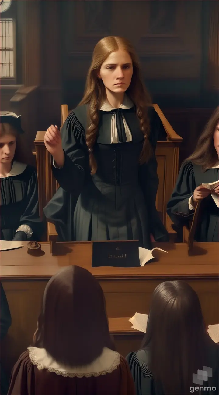 Salem Witch Trials Courtroom: Illustration or depiction of a courtroom scene during the Salem witch trials, with judges, accusers, and accused witches present, showcasing the tense atmosphere of the trials.