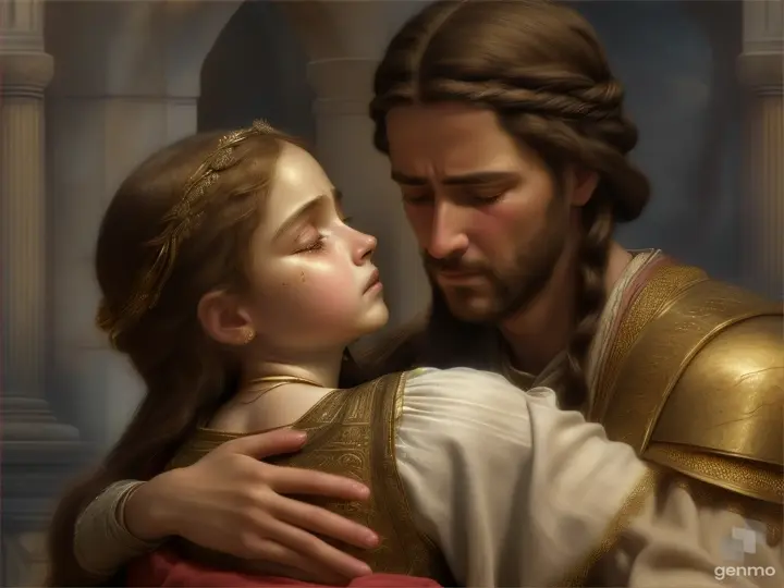 ((Image Jephthah and his daughter, in a touching moment of farewell, as they hug and say goodbye tenderly, with tears in their eyes and a sense of resignation in the face of the inevitable tragedy.))((face defined by its quality)) old testament biblical ))