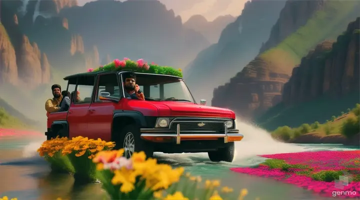 A Pakistani man and his beautiful girlfriend are drive a car in a paradise, around many flowers growing , mountain ,with river ,beautiful view, video ratio 16:9  