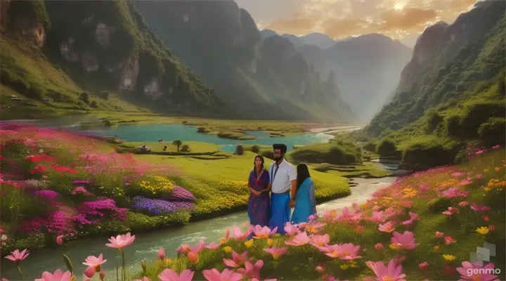 A Pakistani man and his beautiful girlfriend are coming and talking like a friends in a paradise, around many flowers growing , mountain ,with river ,beautiful view, video ratio 16:9  