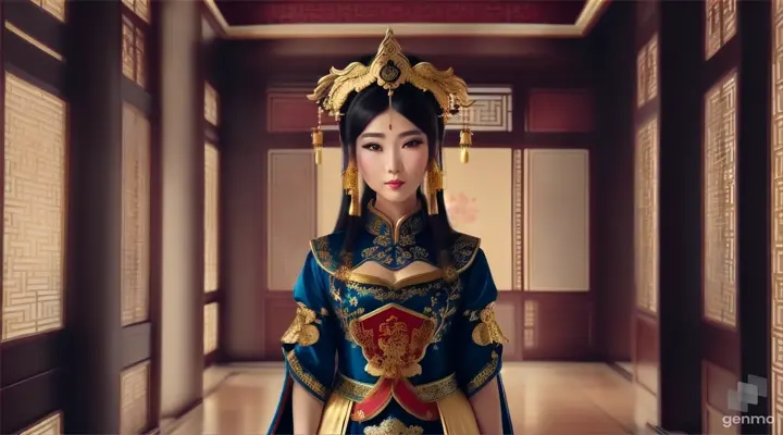 The image shows a character with a blurred face. Surrounded by the environment of the Chinese Dynasty Hall, the character is a beautiful female neck, sleeve, makeover, kimono, fashion design, beauty, jewellery, event, shimada, tradition dressed in a costume and headdressemperor, smiling happily. The head of the person in the picture was covered. There is a crown-like ornament on the head that looks luxuriously decorated. It had a luxuriously decorated appearance, with long flowing hair, large blue eyes, a slight smile, and wearing exquisite gold jewelry. horizontal image