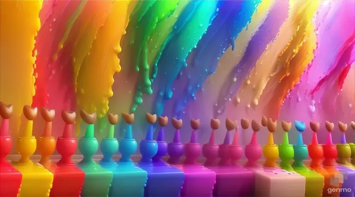 a row of bottles of paint sitting in front of a rainbow colored wall