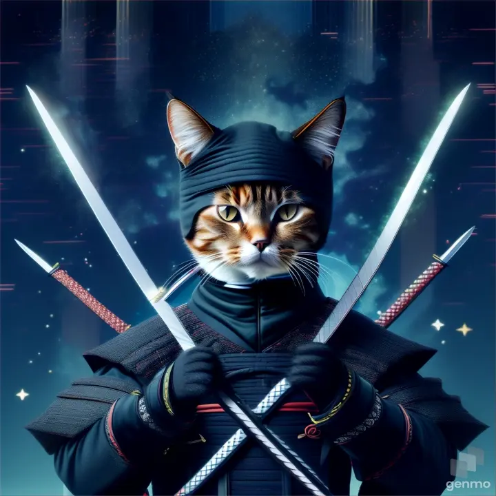 a cat wearing a ninja outfit holding two swords