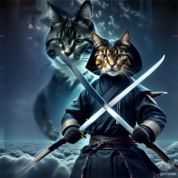 a cat in a ninja outfit holding two swords