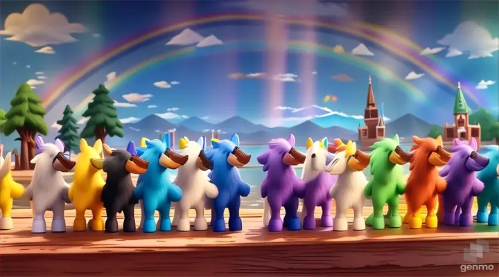 a group of toy animals standing in front of a rainbow