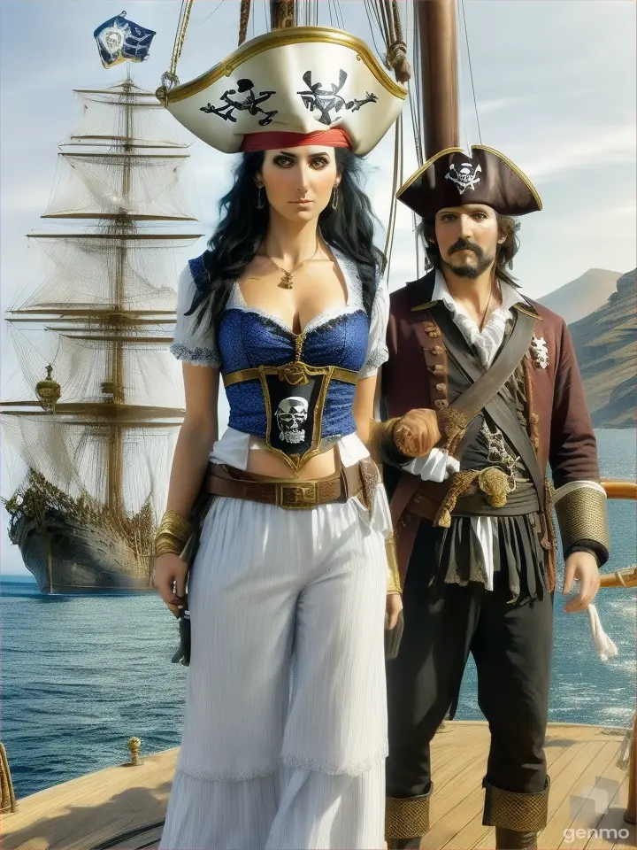 A Greek pirate woman standing at the helm of a ghostly pirate ship, with the pirate man standing behind her