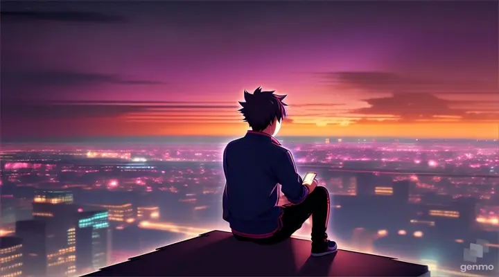 An anime character sitting on a roof far away, high detail, realistic, night, stars