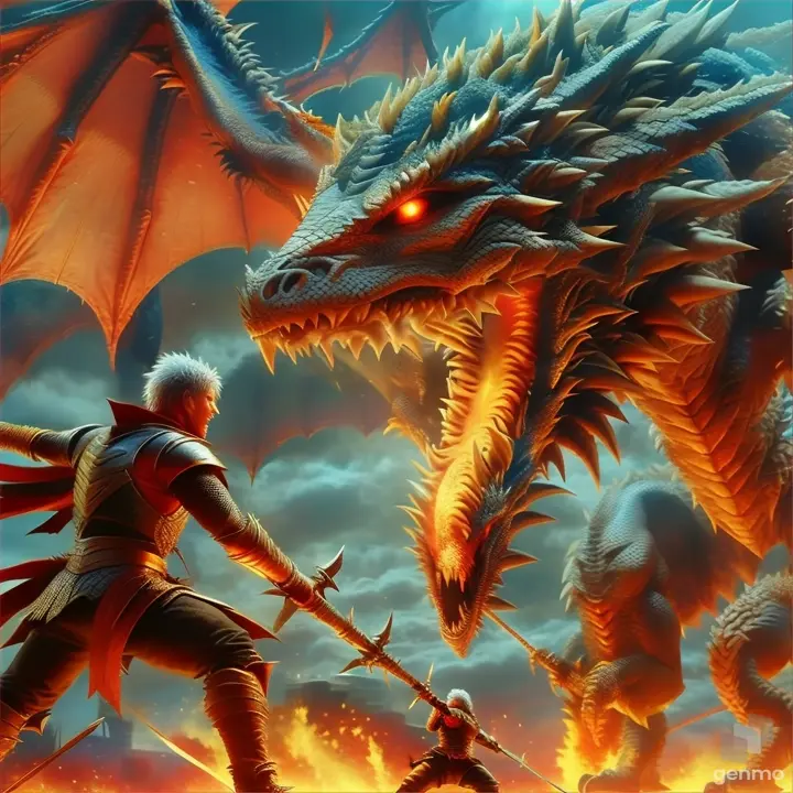 a dragon and a knight fighting over a fire