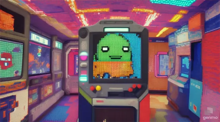 an android mascott in the shape of a gameboy console is looking above a pixelated large hallway surrounded by a pixelated collage of games, pixel colors, vibrant