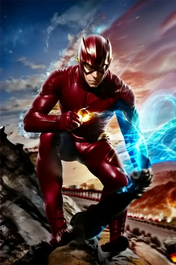 a man in a flash suit crouching on a rock