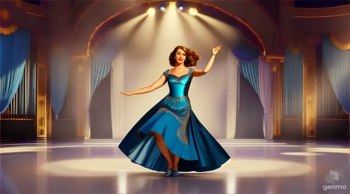 a woman in a blue dress dancing on stage,Spin, turn, shake your shoulders, and move your lips.