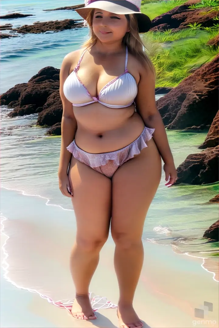 a woman in a bikini and hat standing on the beach,Spin, turn, 