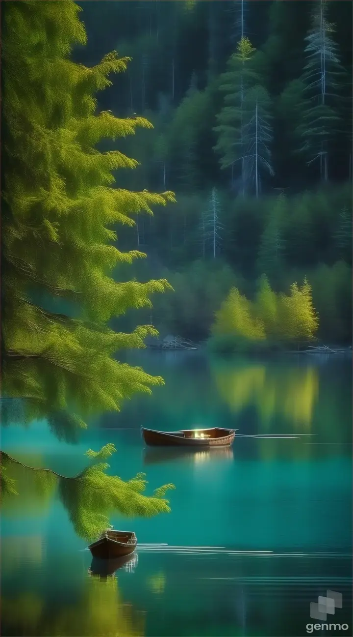 a boat floating on top of a lake next to a forest