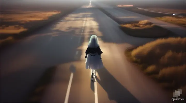 birds eye view, over head shot of a white female ghost in white dress walking along a highway at night, along the highway is grass