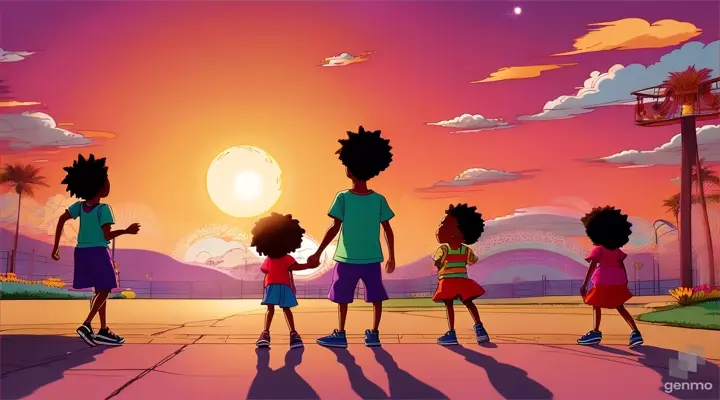 a cartoon animation of a time-lapse video of the sun going down with black children outside playing